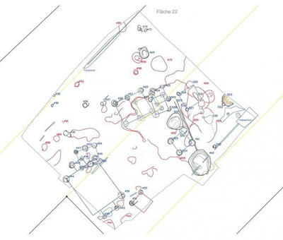 Abb. 2. Grabungsplan der Fläche 22. Hausgrundrisse sind durch Linien verbunden